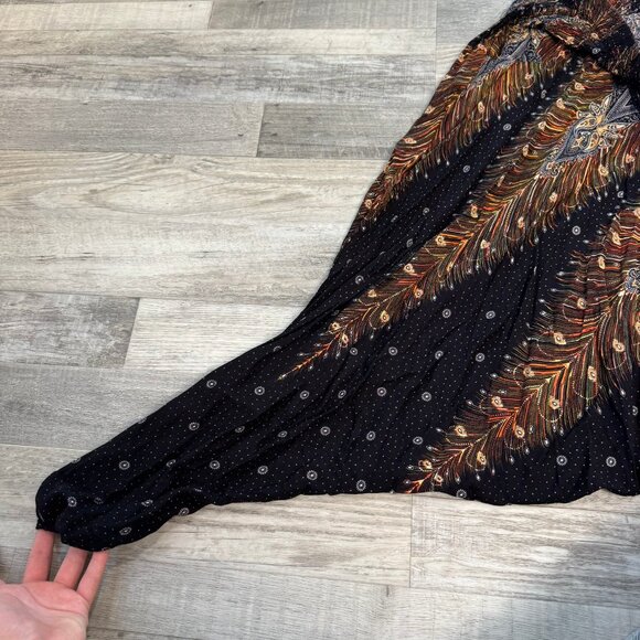 Lofbaz viscose black feather pattern harem pants smocked waist size large M34 - Picture 4 of 6